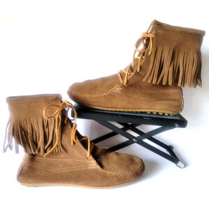 Minnetonka Tramper Ankle Boots Lace-Up Fringe Moccasins Brown Suede Women's 7